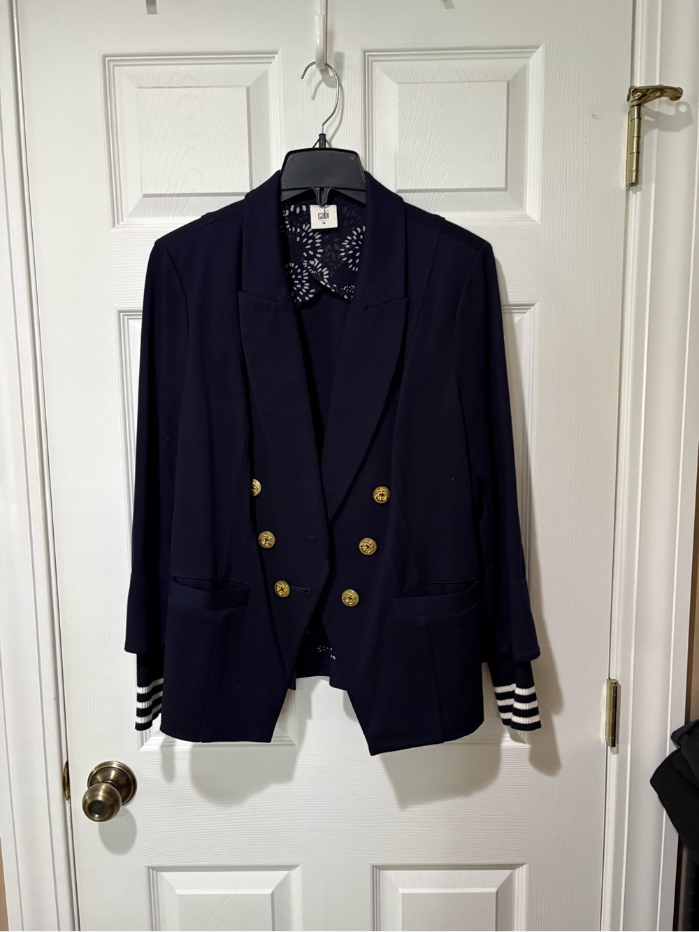 CAbi Navy Double-Breasted Blazer with Gold Buttons and Stripe Trim